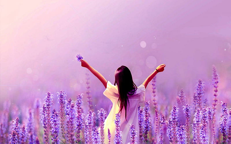 LAVENDER GIRL, purple, girl, flowers, blooming, field, HD wallpaper