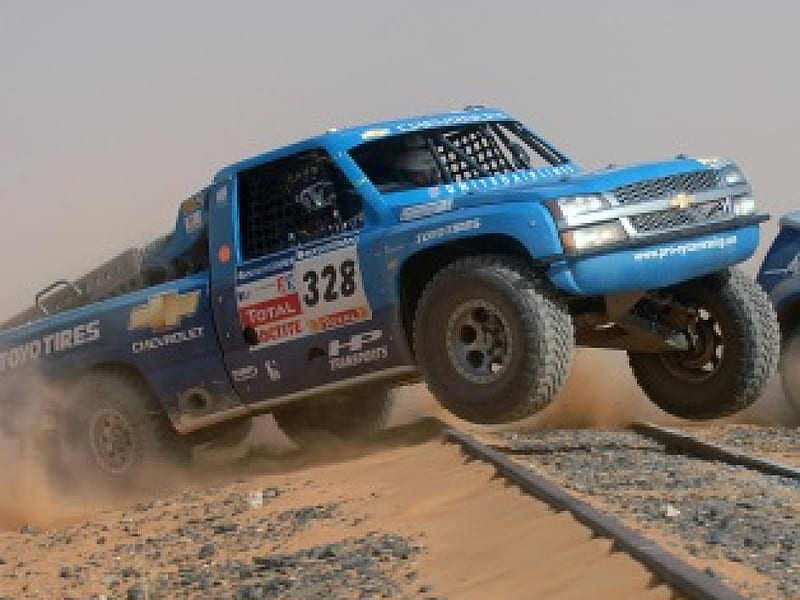 CHEVROLET SILVERADO PICK UP FLYING OVER THE LINES OF THE TRAIN, up, prime portal, sema show, socal customs, HD wallpaper