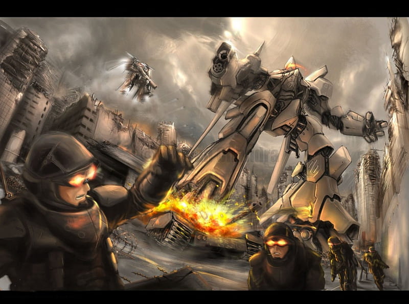 Mech battle, fantasy, battle, robots, soldiers, HD wallpaper