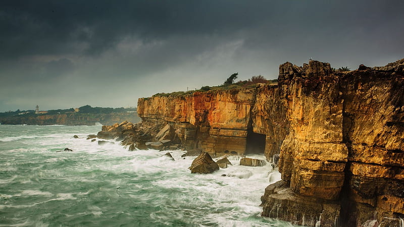 rough rugged sea coast, rocks, rugged, bird, storm, coast, cave, sea, HD wallpaper