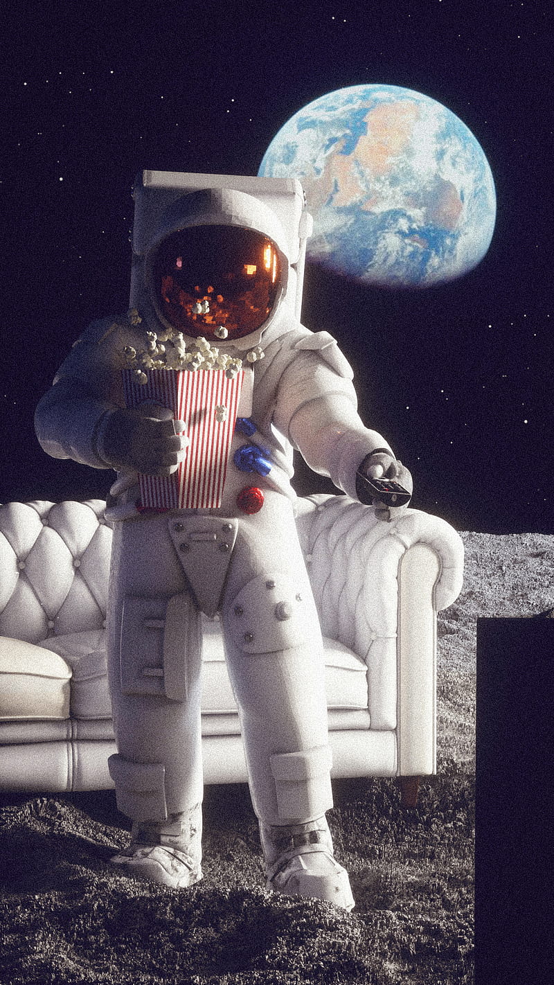 Cinephile Spaceman, 3d, 3d art, 3d illustration, astronaut, astronaut, character, cine, cinema, cinema 4d, cool, divertido, earth, space, film, funny, gracioso, gravity, moon, moon, movie, night, palomitas, pelicula, personaje, popcorn, serie, sg, sofa, space, television, earth, tv, HD phone wallpaper
