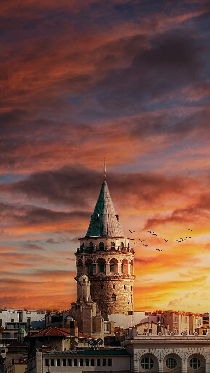 Galata Kulesi, City, costantine, dream, sky, sunrise, sunset, tower, İstanbul, HD phone wallpaper