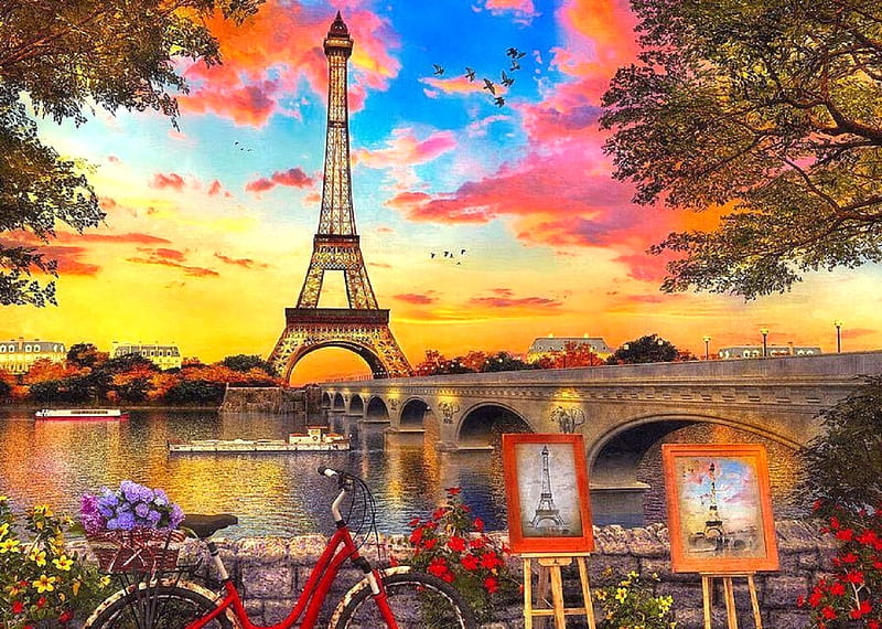Sunset by the Seine, romantic, bridges, love four seasons, bicycle, attractions in dreams, Eiffel Tower, paintings, Paris, sunsets, summer, flowers, nature, bike, rivers, HD wallpaper