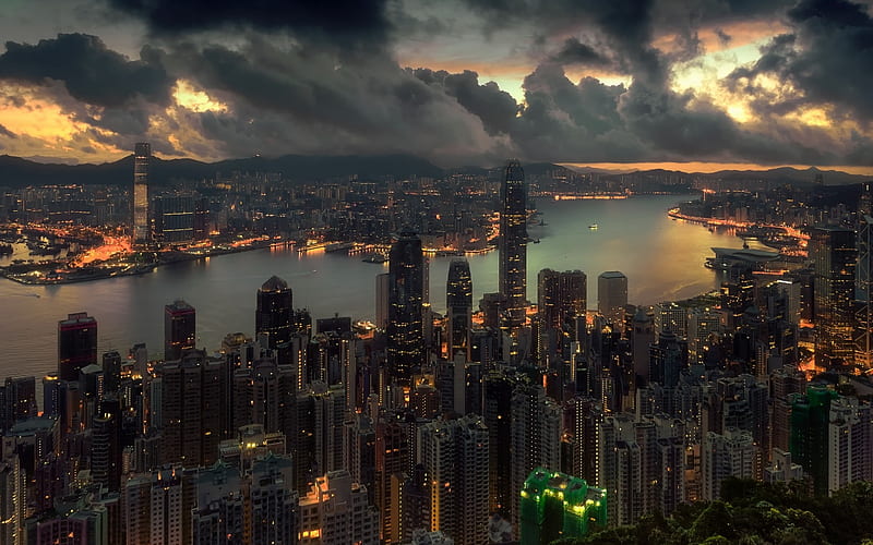 Hong Kong, skyscrapers, cityscape, clouds, metropolis, sunset, evening, HD wallpaper