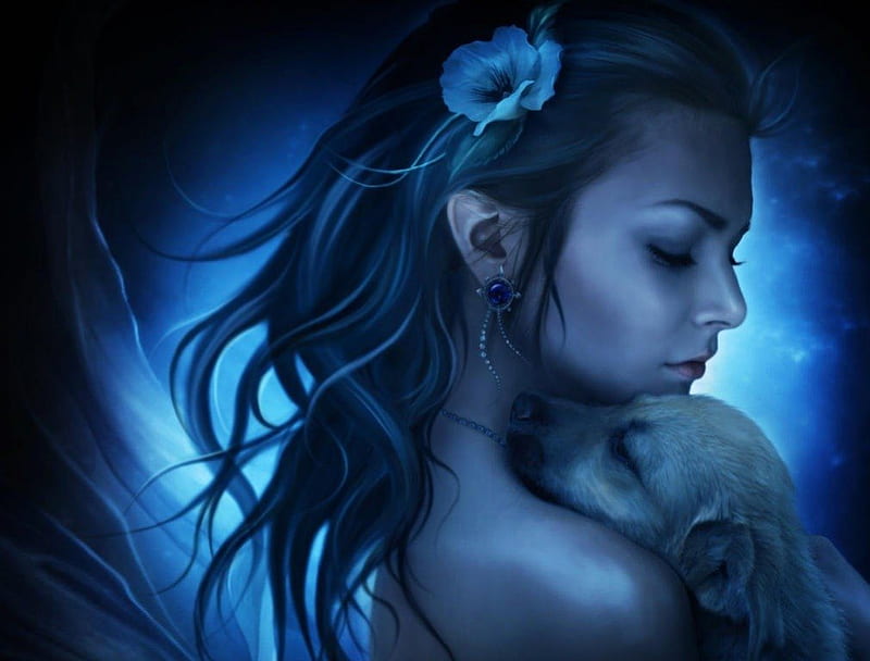 ★Embrace of Love in Blue★, sensual, wonderful, magic, women, splendor, love, face, embrace, art, lovely, lips, cool, awesome, eyes, dogs, emotion, artistic, splendid, charm, bonito, woman, hair, emo, Embrace of Love in Blue, miracle, puppy, blue, gorgeous, animals, amazing, female, colors, Fantasy, girl, hugs, sentiments, flower, tender touch, lady, carried, HD wallpaper
