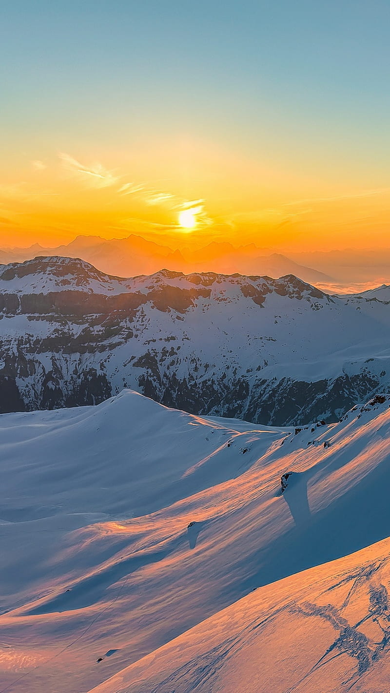 Artic sunrise, mountains, sun, sunny, sunset, winter, HD phone wallpaper