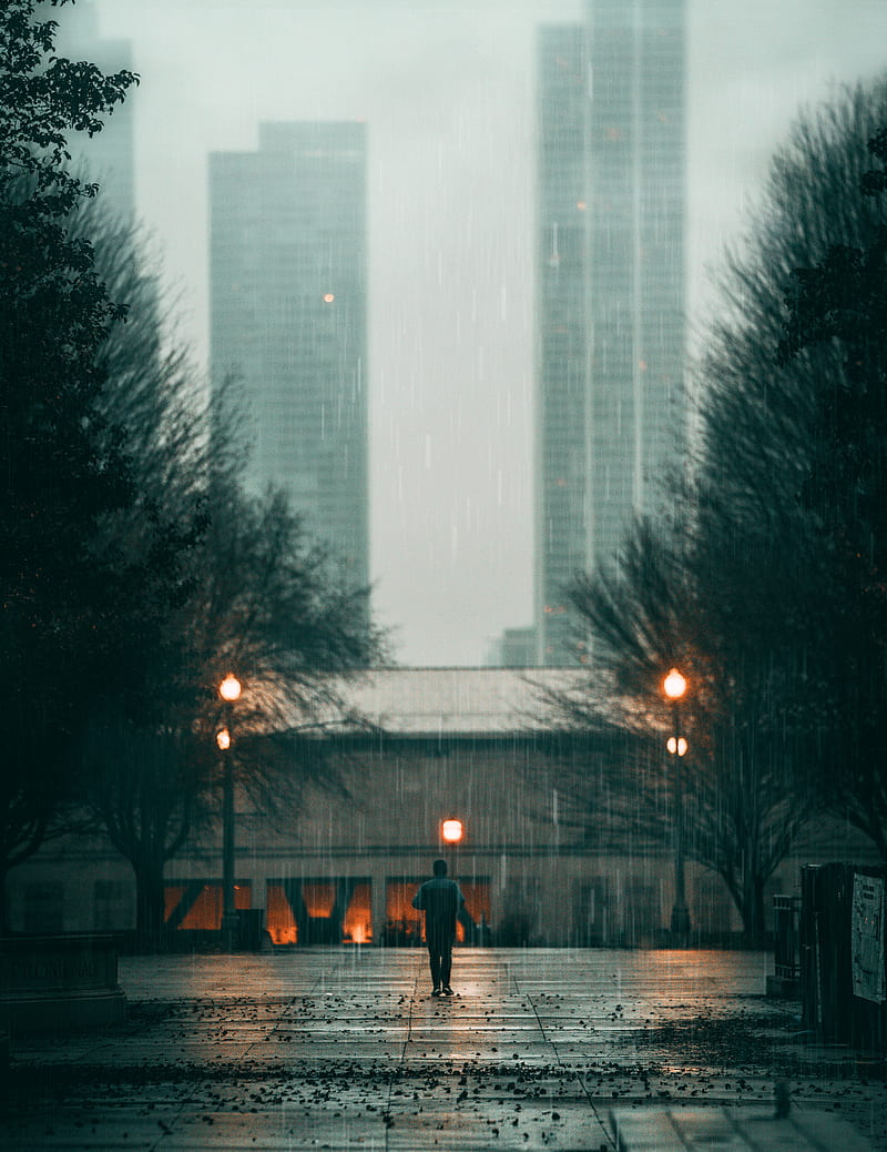sad man walking in rain drawing