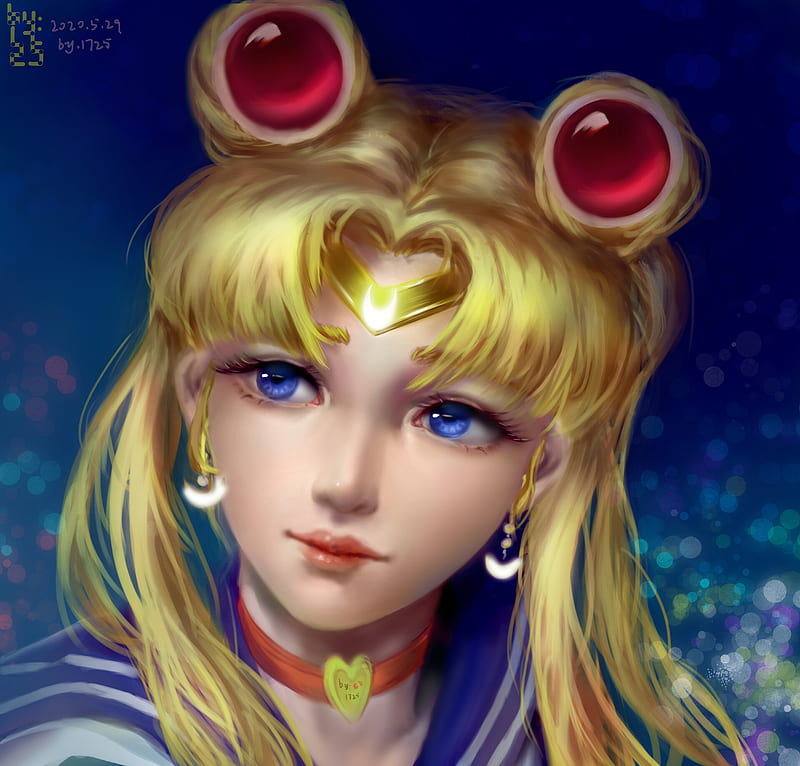 Sailor Moon by Wang Zhonghu, art, fantasy, anime, yellow, blonde, manga, sailor moon, face, blue eyes, HD wallpaper
