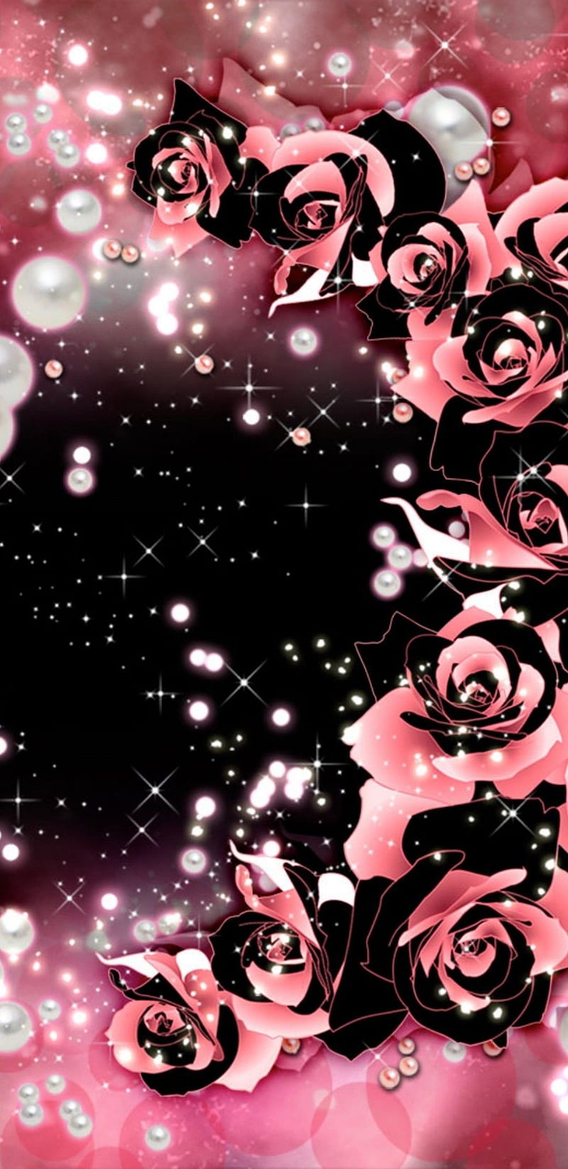 Swirling Roses, black, floral, flower, girly, glitter, pearls, pink, pretty, sparkle, HD phone wallpaper
