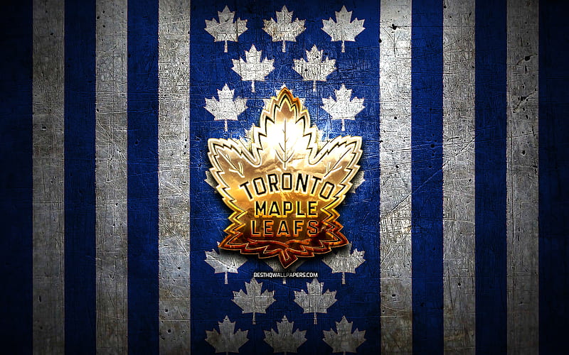 Toronto Maple Leafs flag, NHL, blue white metal background, canadian hockey team, Toronto Maple Leafs logo, hockey, golden logo, Toronto Maple Leafs, HD wallpaper