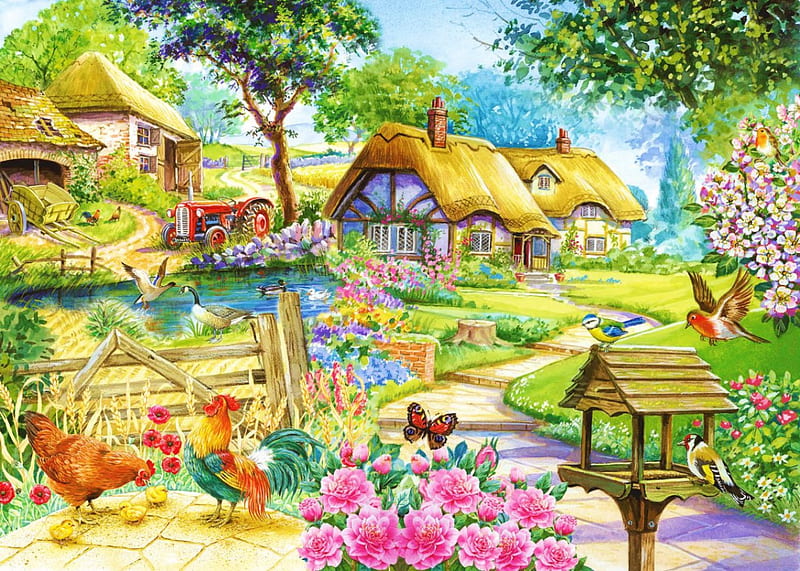 Country Living, cottages, hens, flowers, path, artwork, HD wallpaper