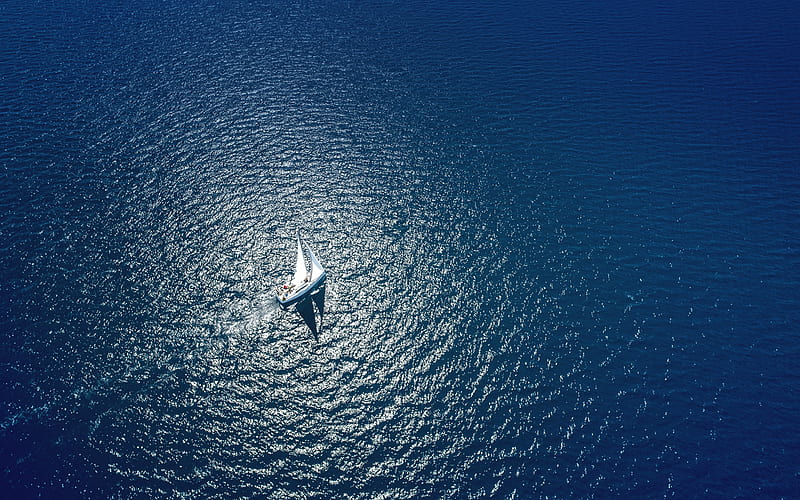 yacht at sea, view from above, sea, aero view, waves, white sailboat, loneliness concepts, HD wallpaper