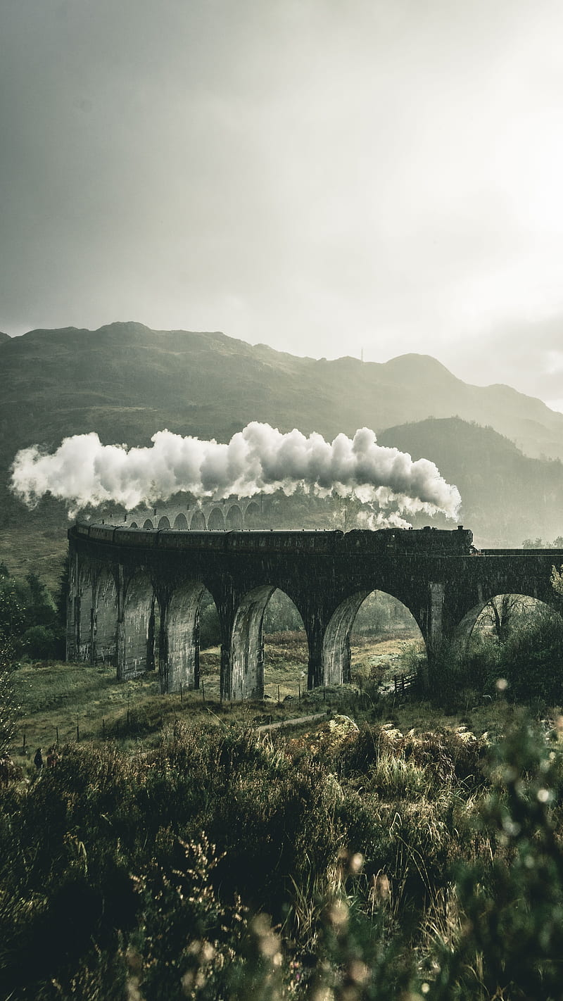 Steam train on the old bridge , classic, nature, railway, HD phone wallpaper