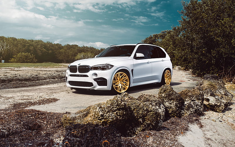 BMW X5M, 2018, luxury white SUV, tuning, gold wheels, VELOS, white X5M, German cars, BMW, HD wallpaper