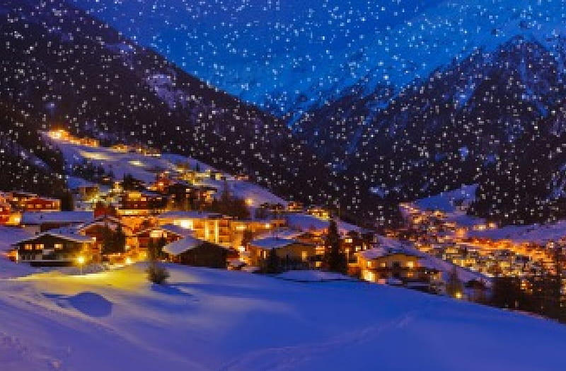Winter village, bonito, snowy, valley, lights, cold, countryside, mountain, nice, peaks, evening, frost, night, stars, calmness, lovely, view, roofs, town, sky, winter, serenity, snow, ice, peaceful, nature, frozen, HD wallpaper