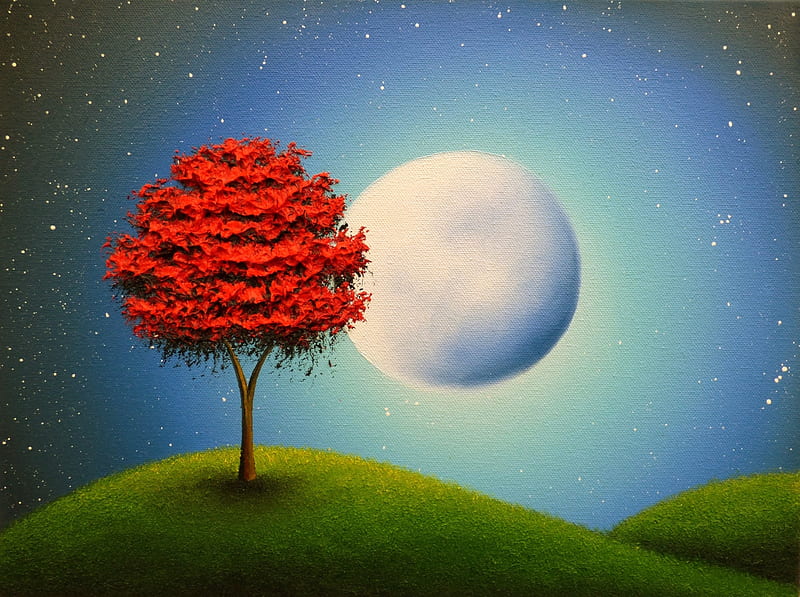 Autumn moonlight, red, rachel bingaman, art, autumn, moon, luminos, toamna, tree, moon, green, painting, pictura, blue, night, HD wallpaper