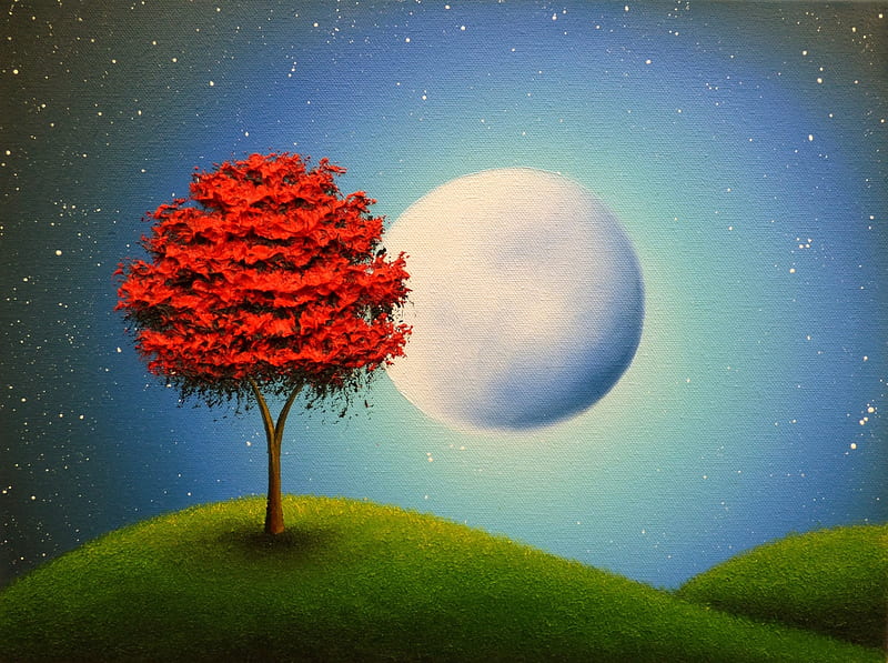 Autumn Moonlight Red Rachel Bingaman Art Autumn Moon Luminos Toamna Tree Hd Wallpaper