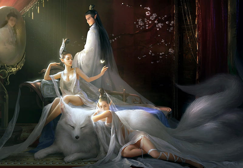 :-), art, frumusete, luminos, tails, elf, man, superb, fantasy, fox, girl, white, gorgeous, HD wallpaper