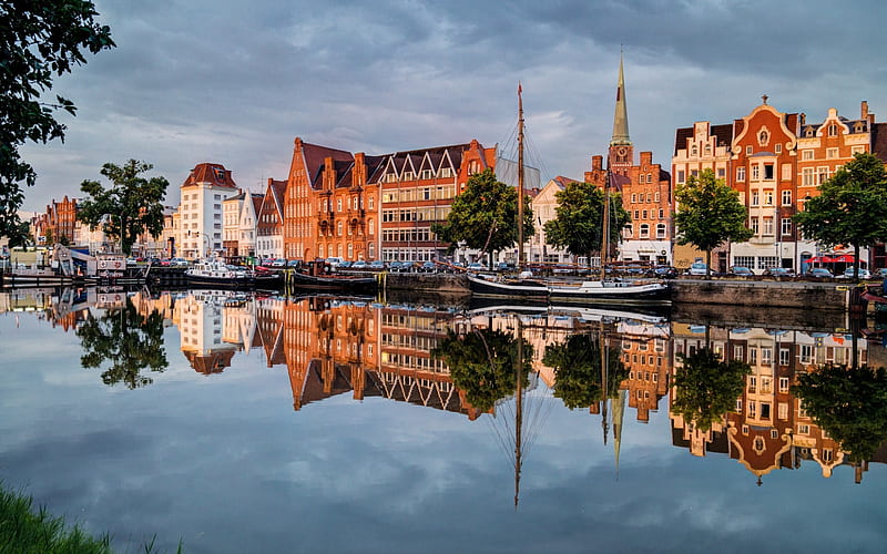 Lubeck, evening, sunset, canal, sailboats, Germany, HD wallpaper
