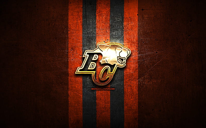 BC Lions, golden logo, CFL, orange metal background, canadian football team, Canadian Football League, BC Lions logo, canadian football, HD wallpaper