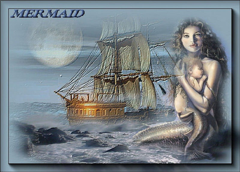 Mom mermaid and child, fantasy, ship, mom, mermaid, beauty, child, sea, HD wallpaper