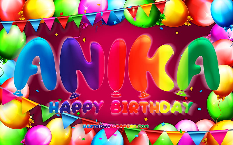 Happy Birtay Anika, , colorful balloon frame, Anika name, purple background, Anika Happy Birtay, Anika Birtay, popular american female names, Birtay concept, Anika, HD wallpaper