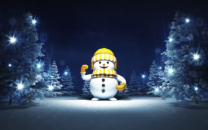 3d snowman, Christmas, New Year, night, winter, snow, snowmen, forest, HD wallpaper