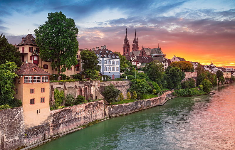 sunset, river, building, home, Switzerland, Switzerland, the Rhine river, Basel, Basel, Rhine River, Aeschenpl for , section город, HD wallpaper