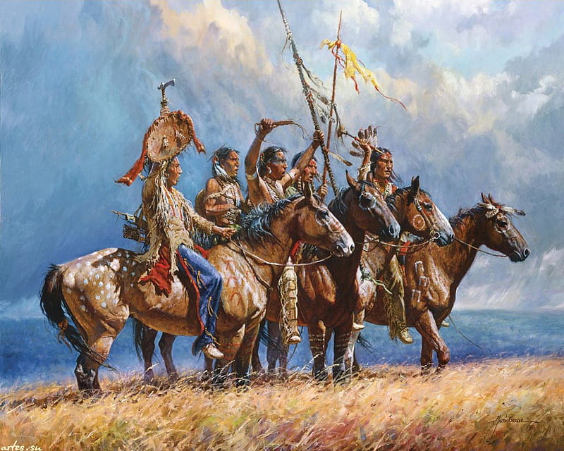 Natives with Horses, painting, american, indians, landscape, HD wallpaper