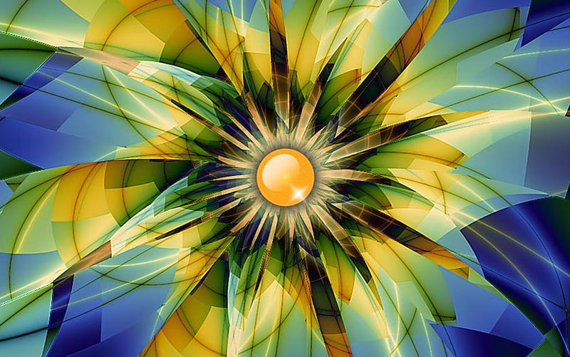 Sunny Fractal, yellow, abstract, blue, fractal, HD wallpaper