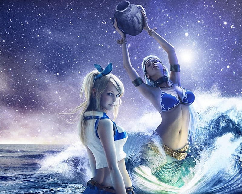 Lucy and Aquarius, Celestial, Fairy Tail, Anime, Lucy Heartfilia, Manga, Ocean, Water, Spirit, Moon, Guild, Aquarius, HD wallpaper