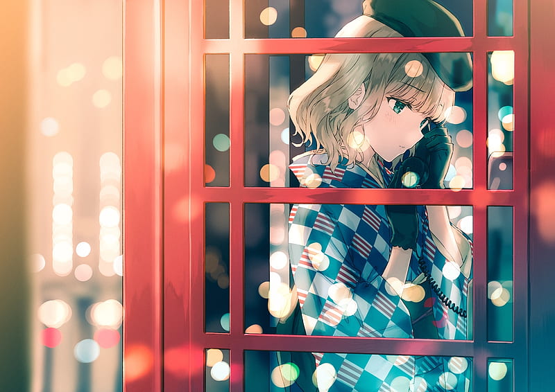 anime girl, kimono, phone booth, bokeh, profile view, Anime, HD wallpaper