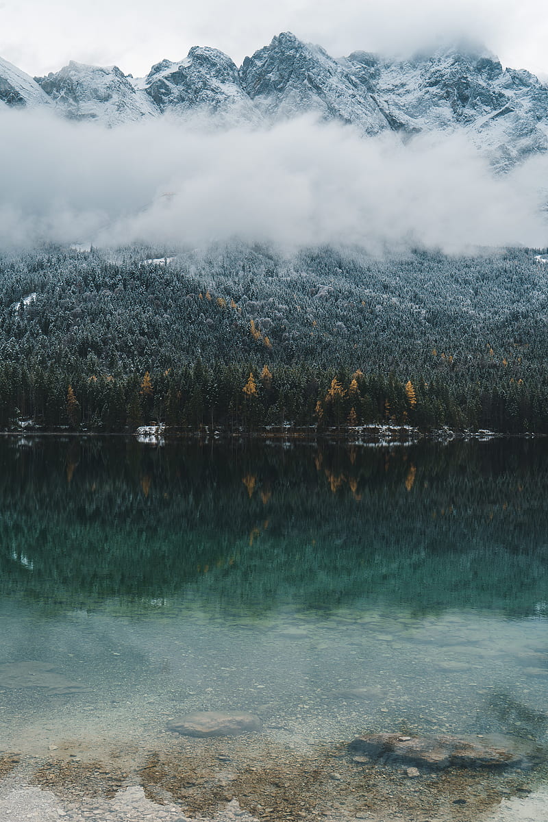 lake, mountain, clouds, trees, reflection, cold, winter, Landscape, HD phone wallpaper