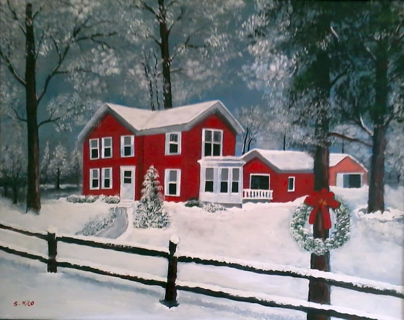 canadian house painted by saad kilo, red, art, house, christmas, trees, winter, cold, paintings, snow, oil paintings, landscapes, beauty, nature, creations and art, canadian, white, HD wallpaper