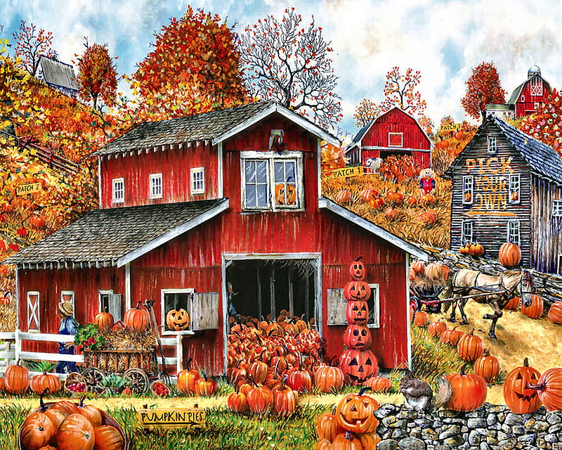 Pick Your Own Pumpkin F1, architecture, fall, autumn, equine, bonito, illustration, artwork, farm, painting, wide screen, scenery, art, planting, horse, crops, pumpkins, landscape, HD wallpaper