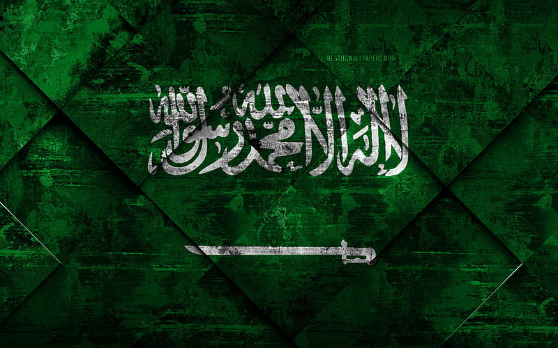 Flag of Saudi Arabia grunge art, rhombus grunge texture, Saudi Arabia flag, Asia, national symbols, Saudi Arabia, creative art, HD wallpaper