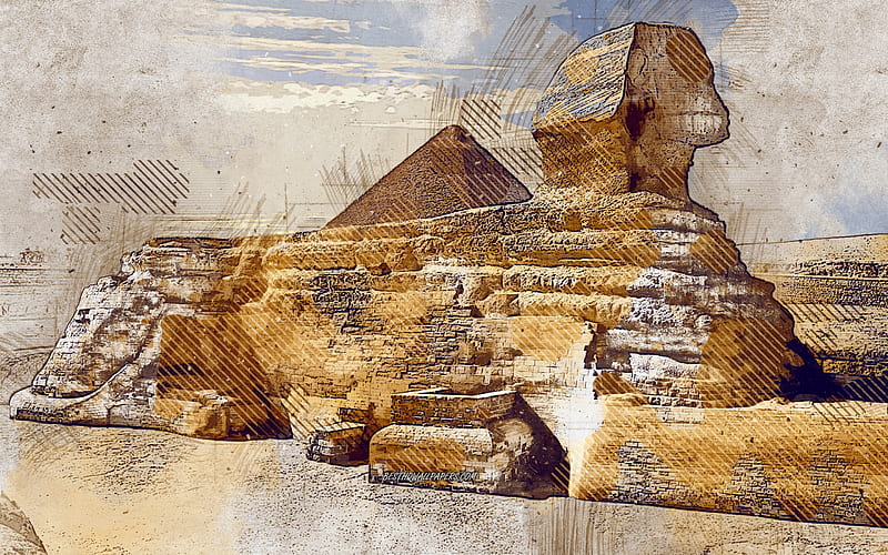 Great Sphinx of Giza, Egypt, grunge art, creative art, painted Great Sphinx of Giza, drawing, Great Sphinx of Giza abstraction, digital art, Sphinx, HD wallpaper
