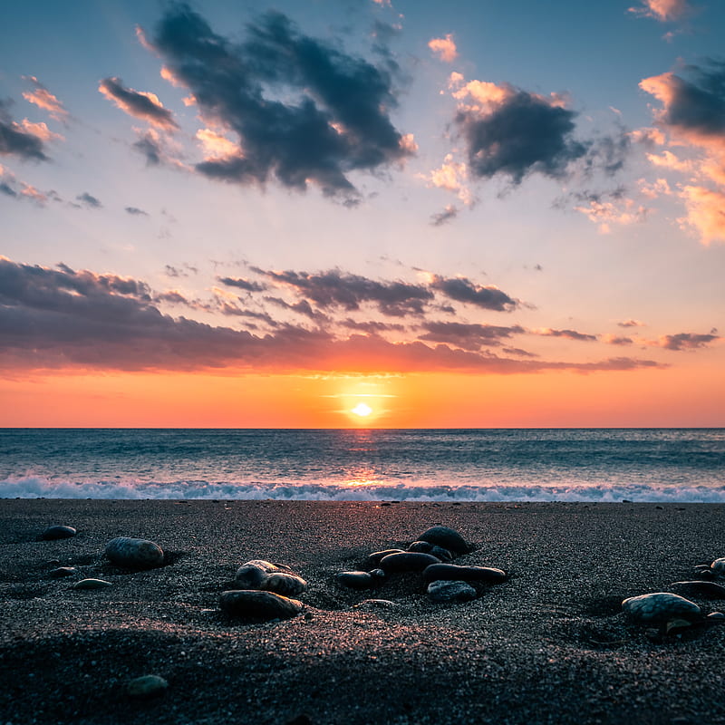 sea, stones, shore, horizon, sunset, sky, HD phone wallpaper
