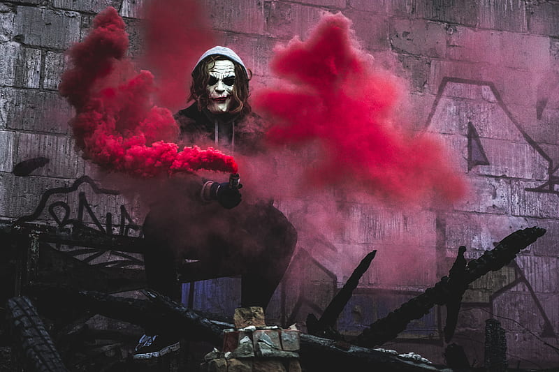 person in Joker cosplay holding smoke grenade, HD wallpaper
