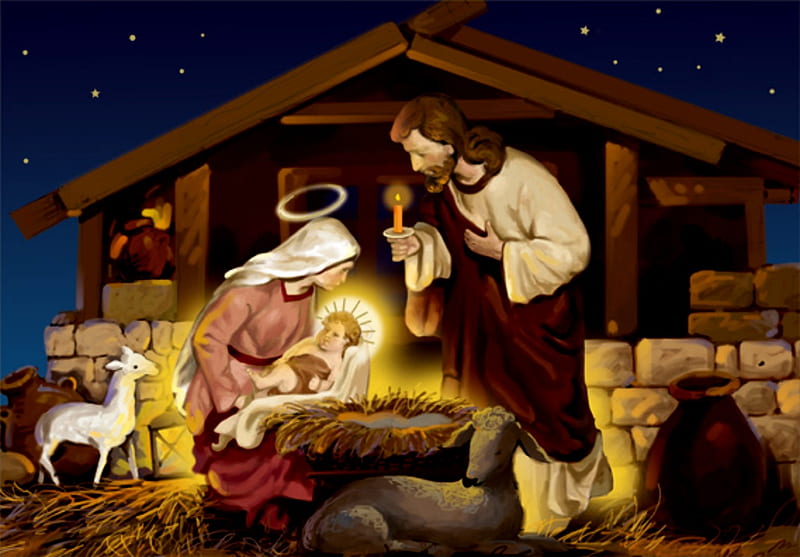Mary Lays Jesus In Manger, Joseph, Manger, Jesus, Mary, Sheep, HD wallpaper