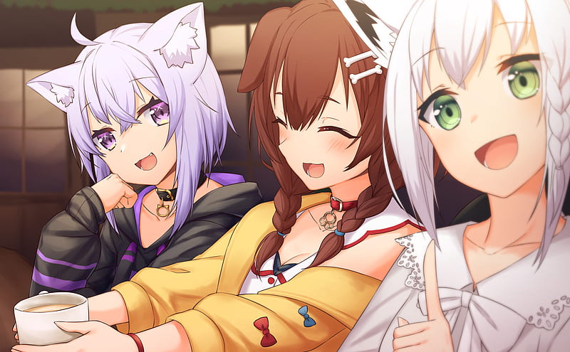 Anime, Green Eyes, Brown Hair, Purple Eyes, White Hair, Purple Hair, Animal Ears, Virtual Youtuber, Hololive, Shirakami Fubuki, Nekomata Okayu, Inugami Korone, HD wallpaper