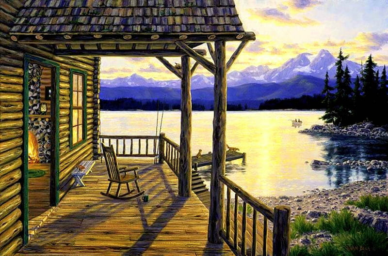 Sunrise Fishing, cabin, trees, clouds, lake, boat, dock, porch, mountains, railing, chair, fishing, HD wallpaper
