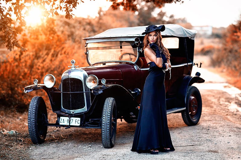 Hat, Brunette, Model, Women, Vintage Car, Girls & Cars, Blue Dress, Outdoor, HD wallpaper