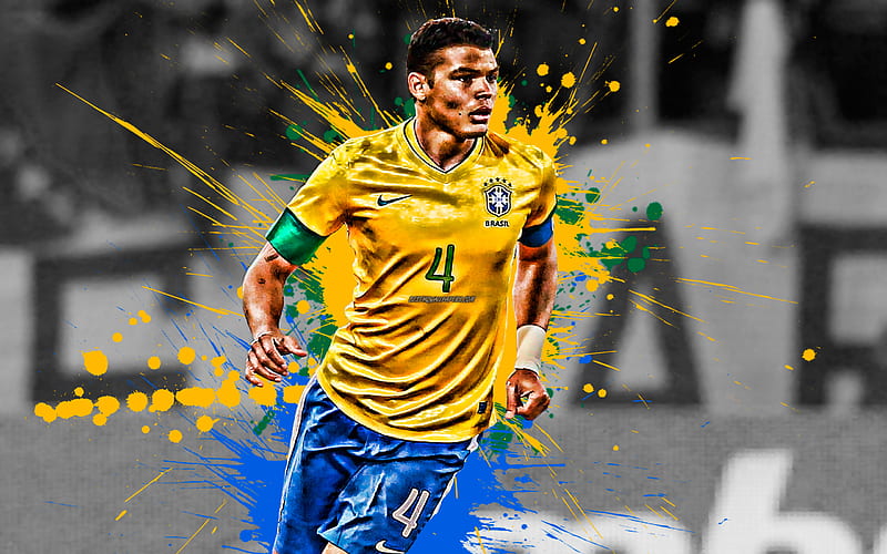 Thiago Silva Brazilian football player, Brazil national football team, defender, yellow blue paint splashes, creative art, Brazil, football, grunge art, HD wallpaper