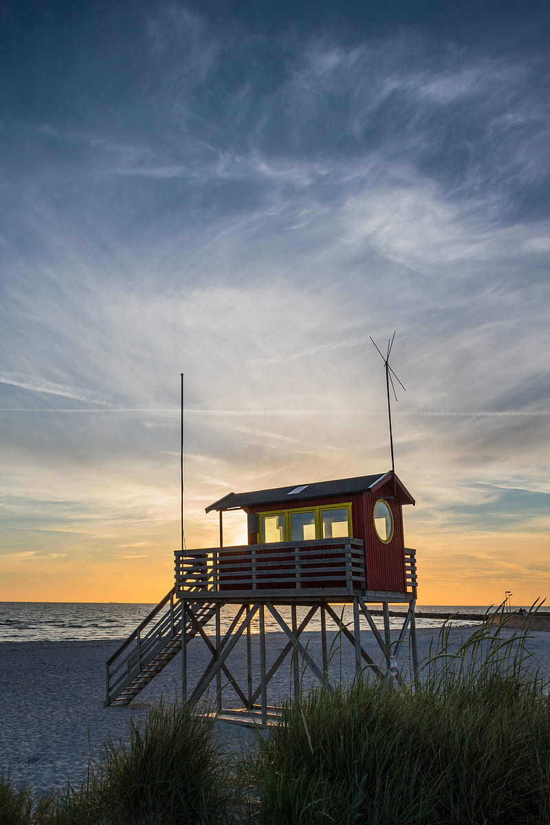 beach, sea, tower, lifeguards, twilight, HD phone wallpaper