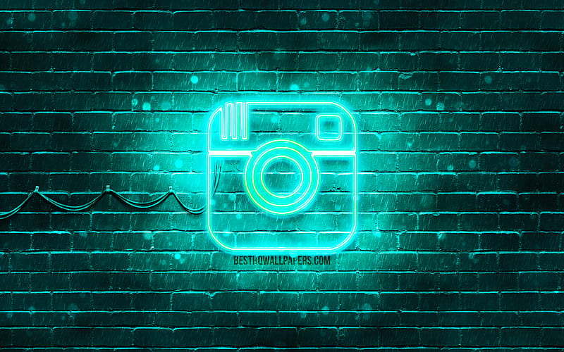 Instagram turquoise logo turquoise brickwall, Instagram logo, brands, Instagram neon logo, Instagram, HD wallpaper