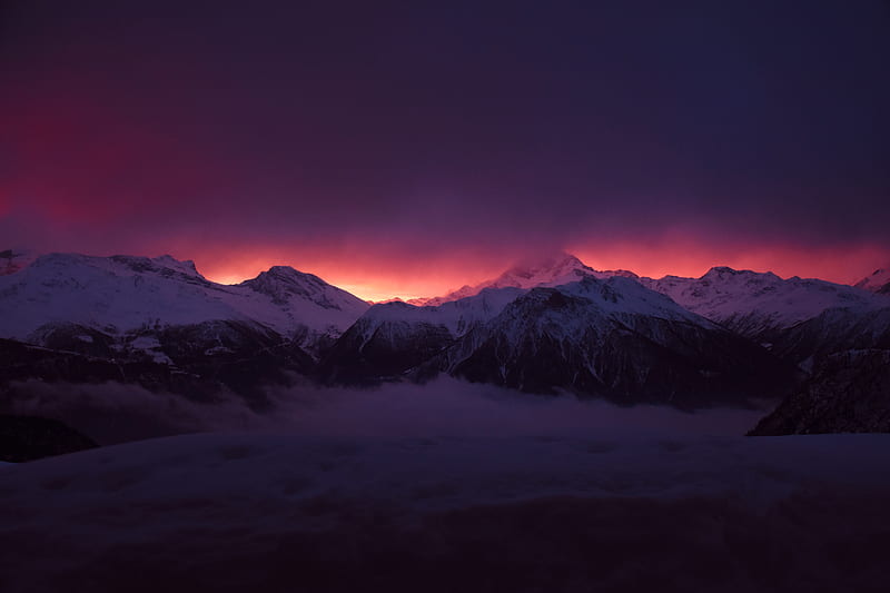 mountains, peaks, fog, sunset, sky, snow, clouds, dark, HD wallpaper