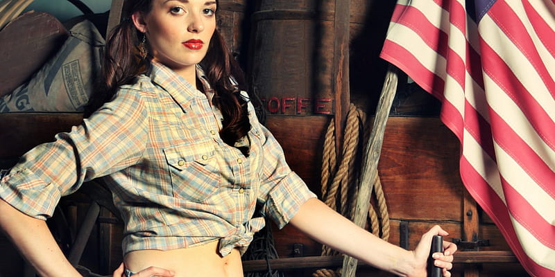 Western Cowgirl, female, cowgirl, rope, barrels, woman, flag, gun, wagon, coffee, American Flag, sack, HD wallpaper