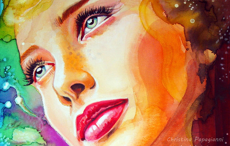 Portrait, fantasy, girl, christina papagianni, face, eyes, pink, HD wallpaper