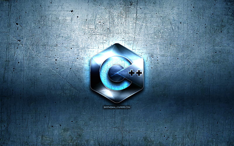 C Plus Plus metal logo, grunge, programming language signs, blue metal background, C Plus Plus, creative, programming language, C Plus Plus logo, HD wallpaper